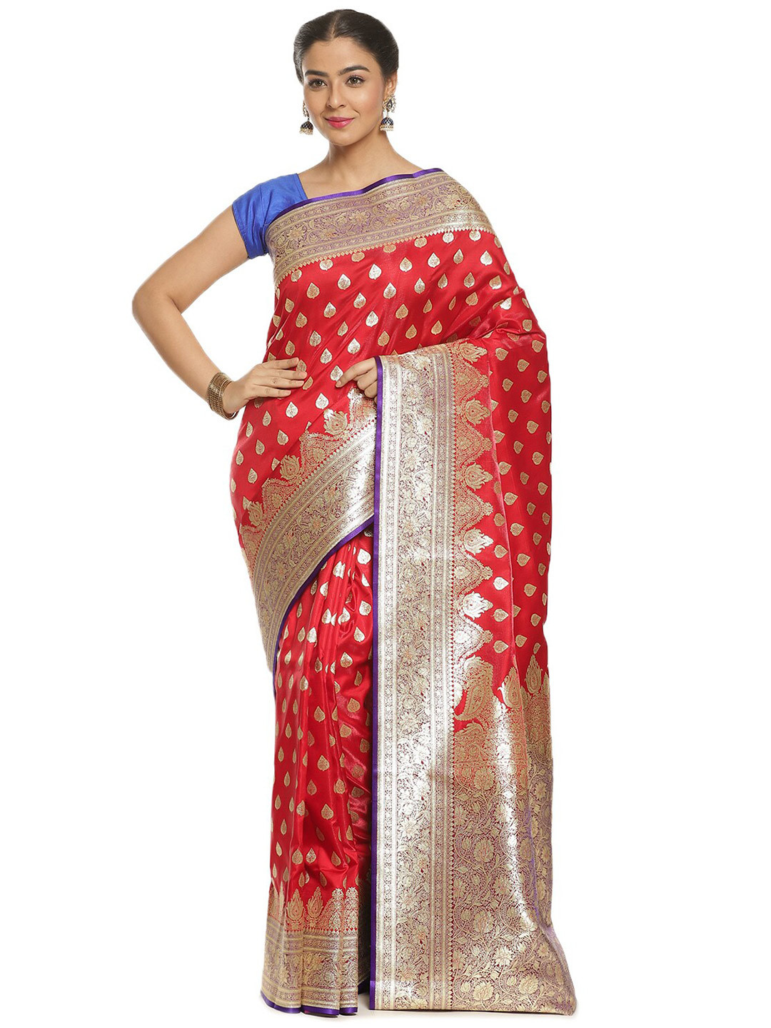 

PTIEPL Banarasi Silk Works Floral Woven Design Zari Satin Saree, Red
