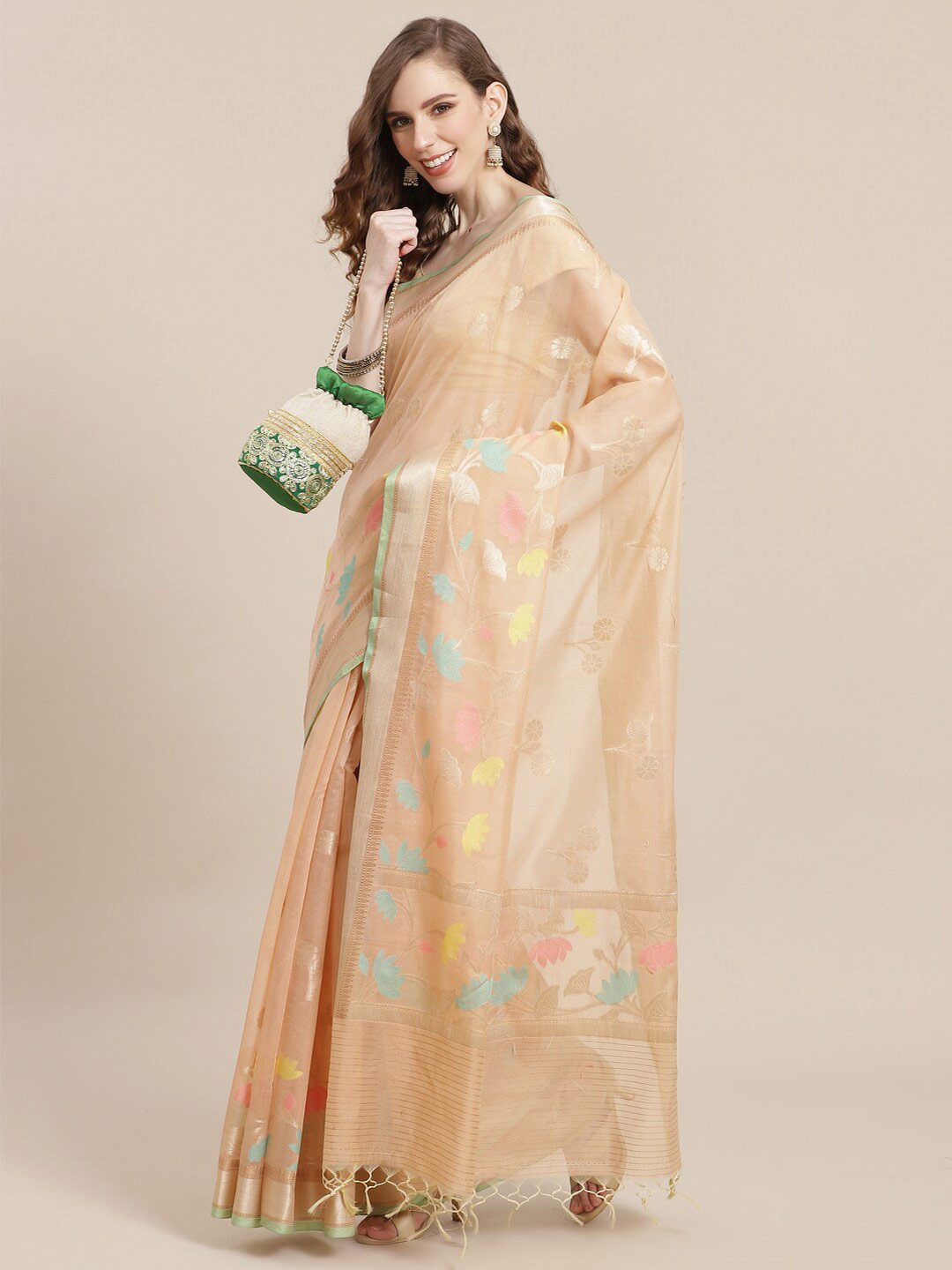 

PTIEPL Banarasi Silk Works Floral Woven Design Zari Saree, Beige