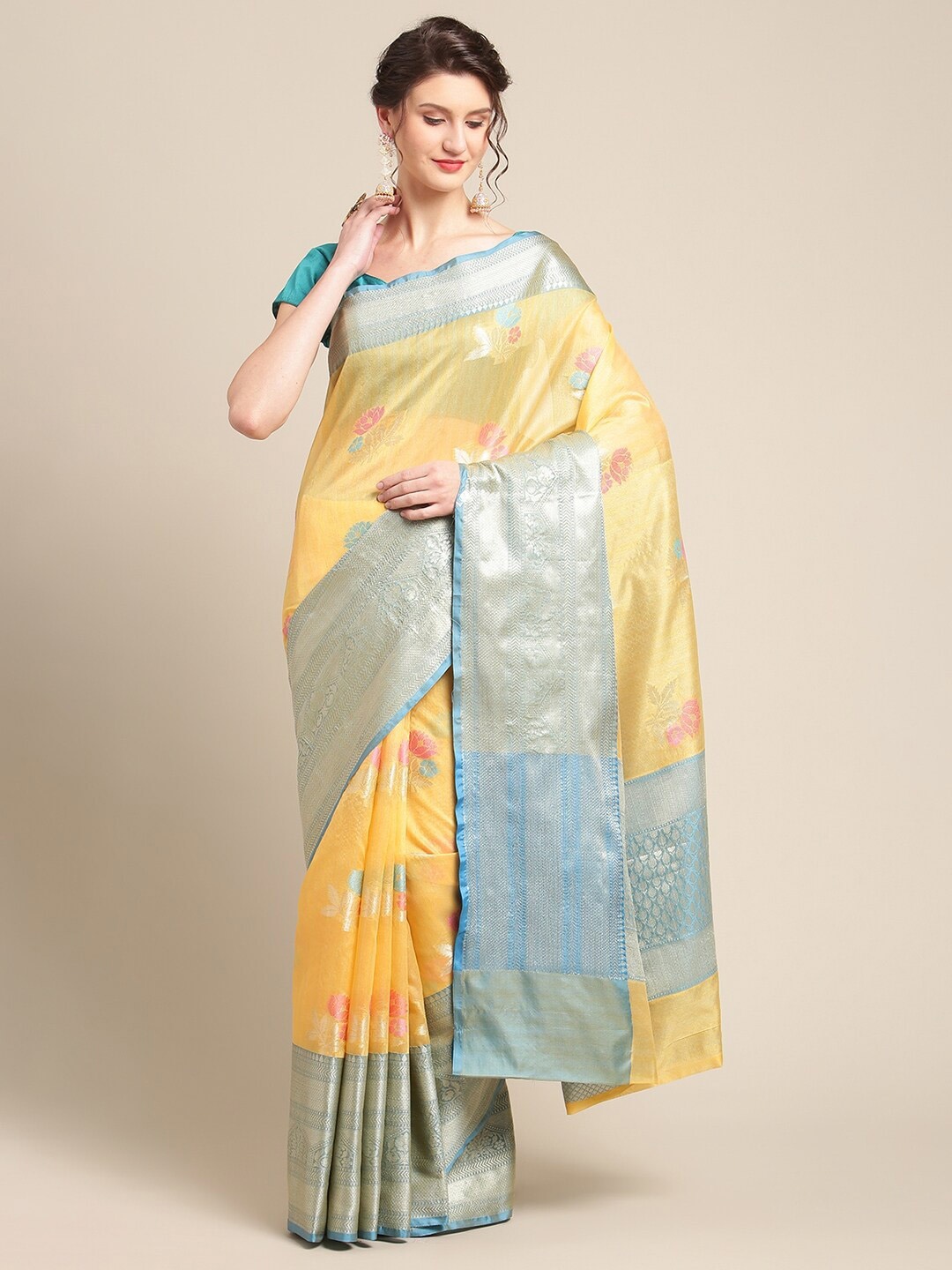 

PTIEPL Banarasi Silk Works Floral Zari Banarasi Saree, Gold