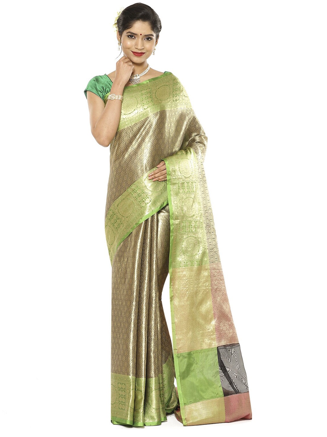 

PTIEPL Banarasi Silk Works Ethnic Motifs Zari Kanjeevaram Saree, Green