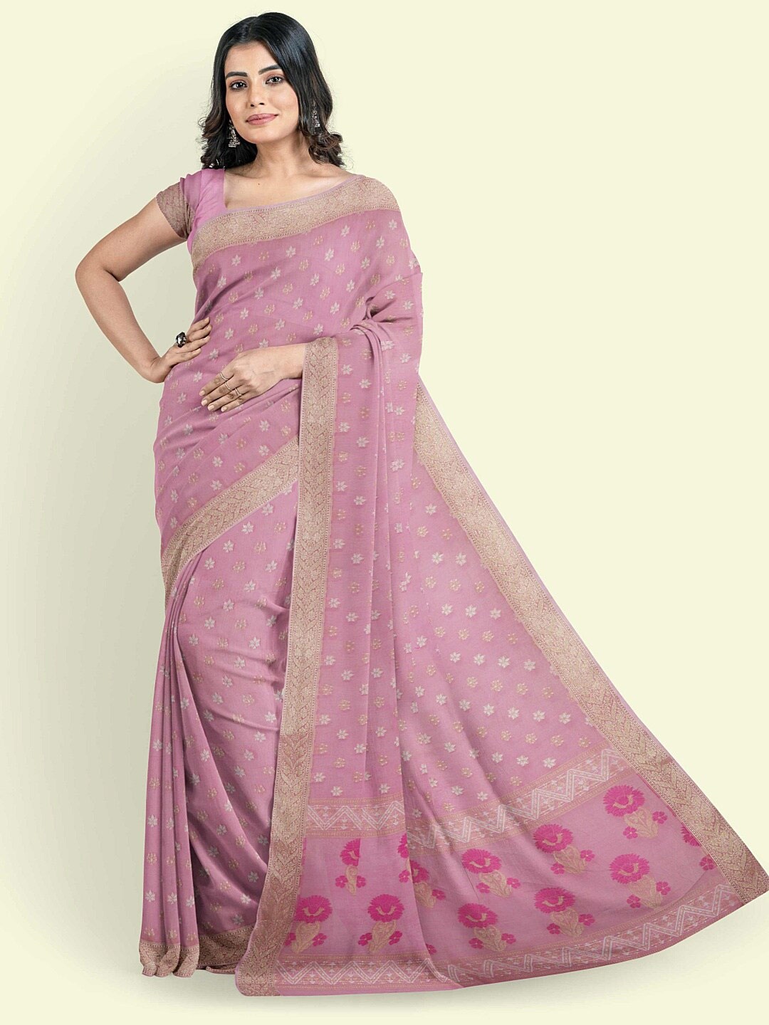 

PTIEPL Banarasi Silk Works Floral Woven Design Zari Banarasi Saree, Pink