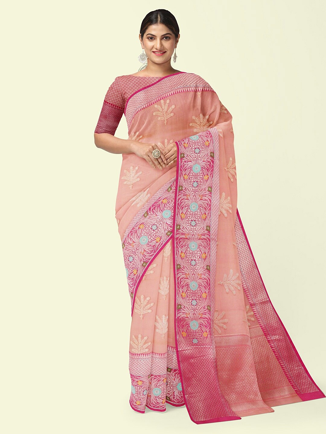 PTIEPL Banarasi Silk Works Floral Woven Design Zari Banarasi Saree, Orange