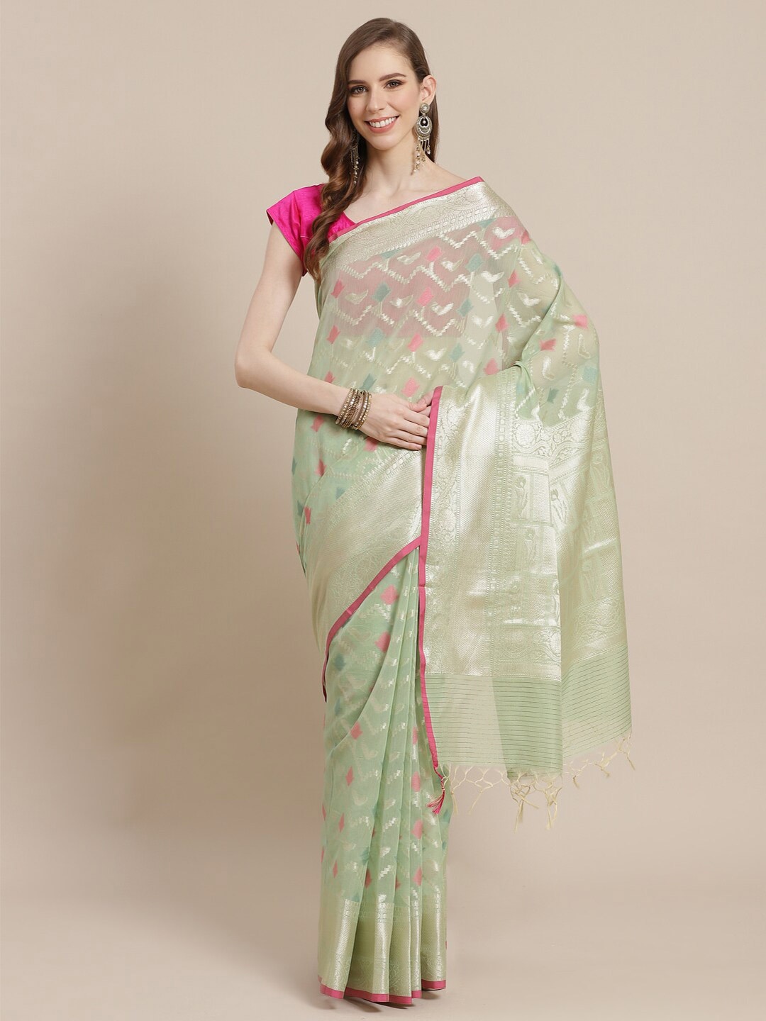 

PTIEPL Banarasi Silk Works Floral Woven Design Zari Banarasi Saree, Green