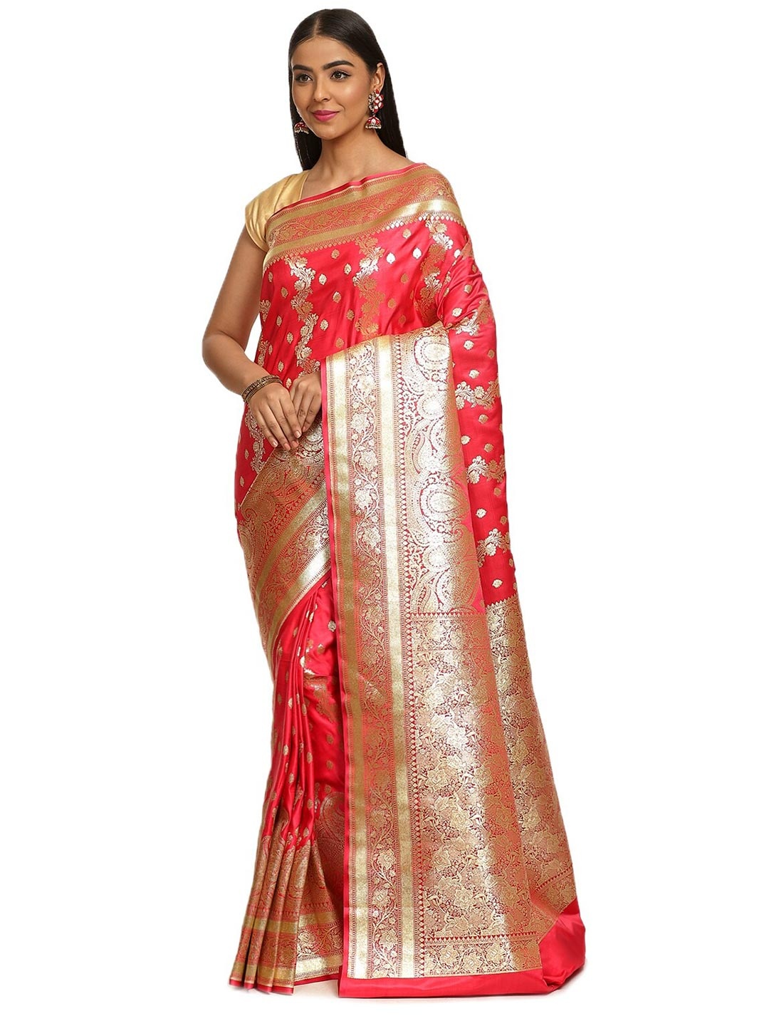 

PTIEPL Banarasi Silk Works Floral Woven Design Zari Banarasi Saree, Pink