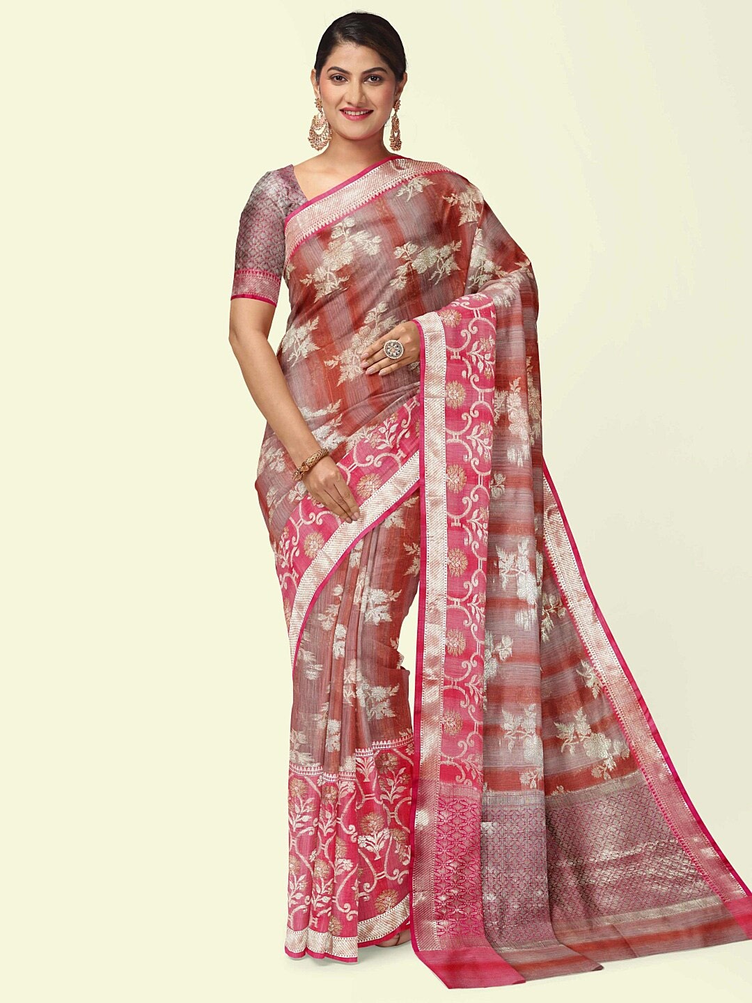 

PTIEPL Banarasi Silk Works Floral Zari Banarasi Saree, Rust