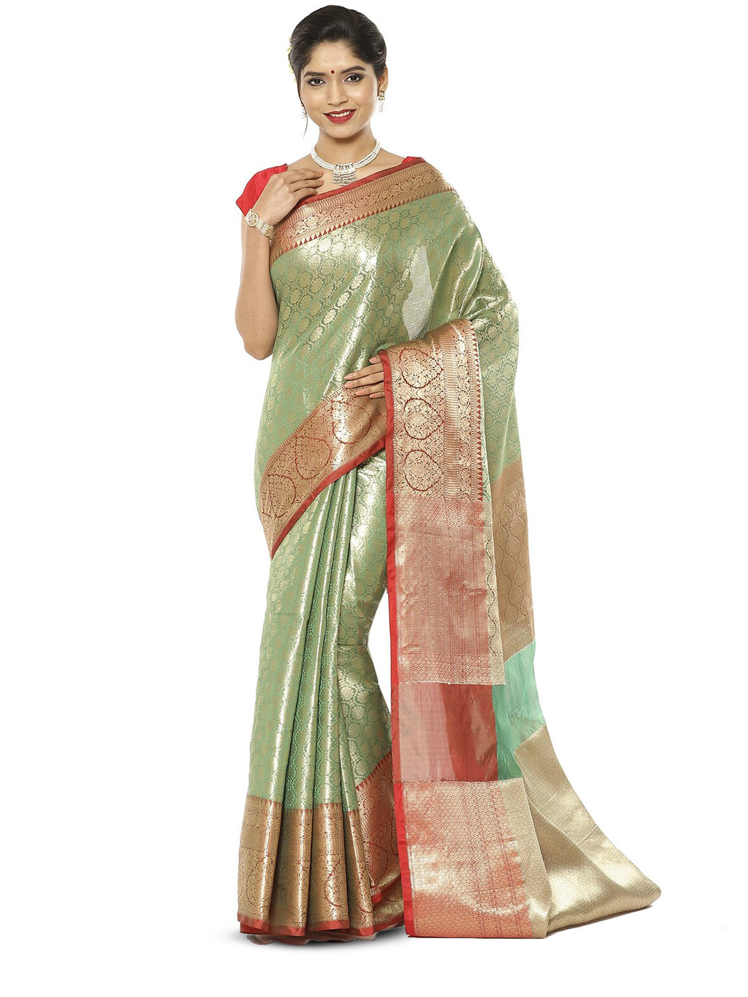 

PTIEPL Banarasi Silk Works Ethnic Motifs Woven Design Zari Kanjeevaram Saree, Green