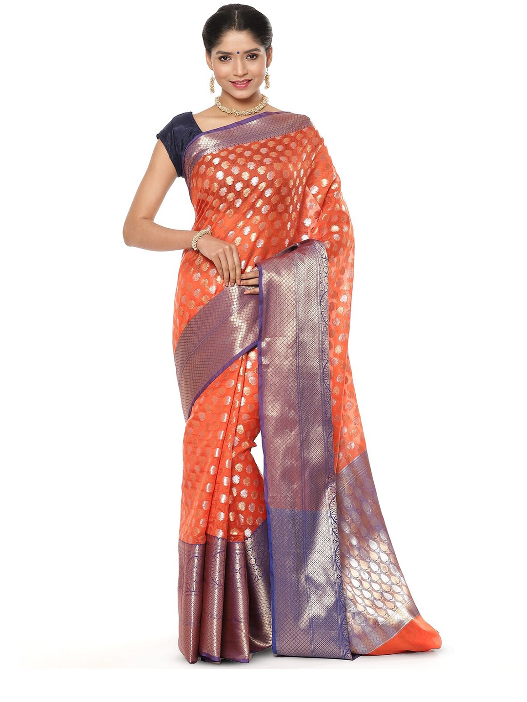 

PTIEPL Banarasi Silk Works Ethnic Motifs Woven Design Zari Banarasi Saree, Orange