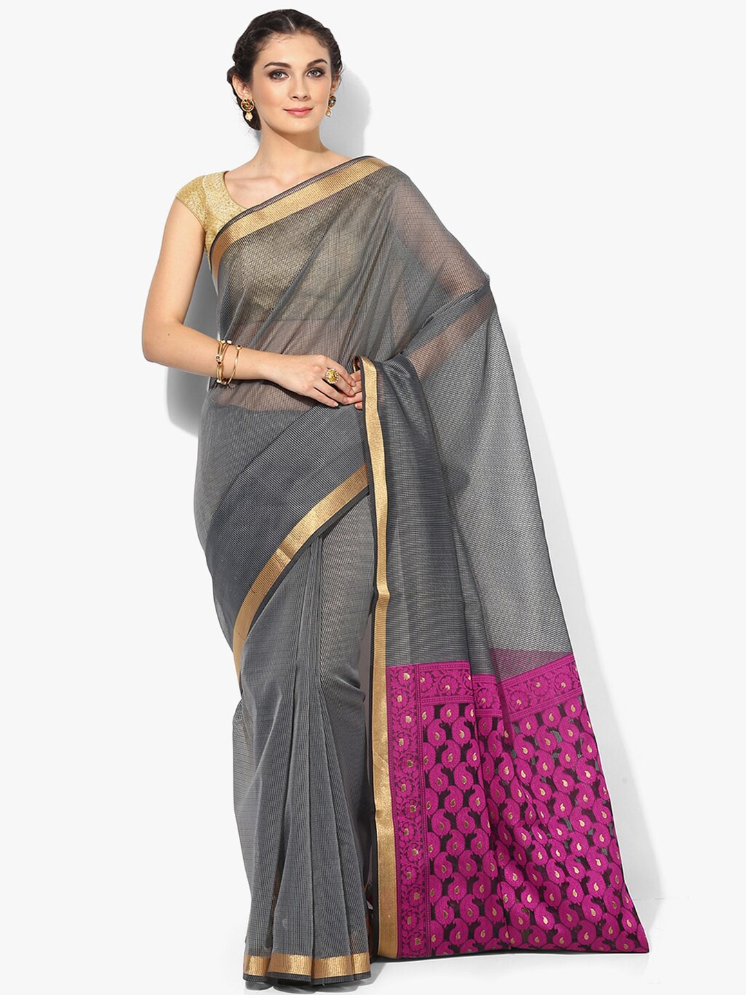 

PTIEPL Banarasi Silk Works Striped Zari Banarasi Saree, Grey