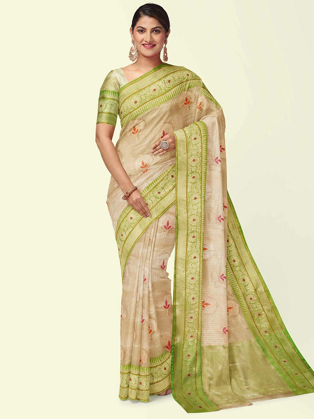 

PTIEPL Banarasi Silk Works Floral Woven Design Zari Banarasi Saree, Beige