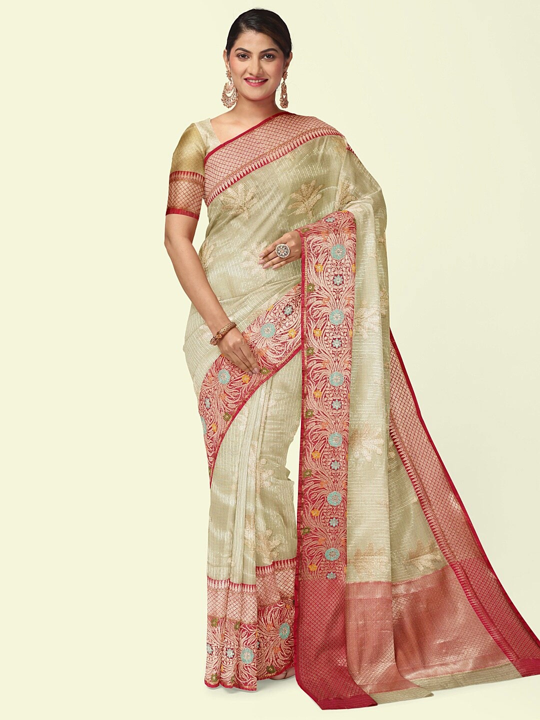 

PTIEPL Banarasi Silk Works Floral Zari Banarasi Saree, Beige