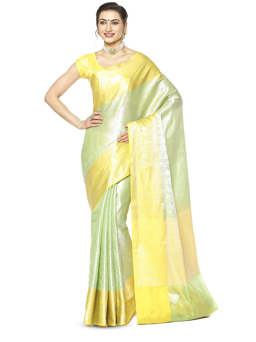 

PTIEPL Banarasi Silk Works Floral Woven Design Zari Kanjeevaram Saree, Green