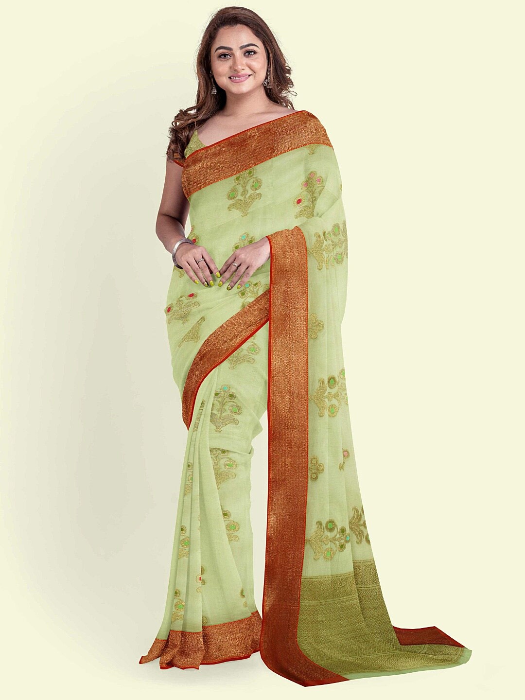 

PTIEPL Banarasi Silk Works Floral Woven Design Zari Banarasi Saree, Lime green