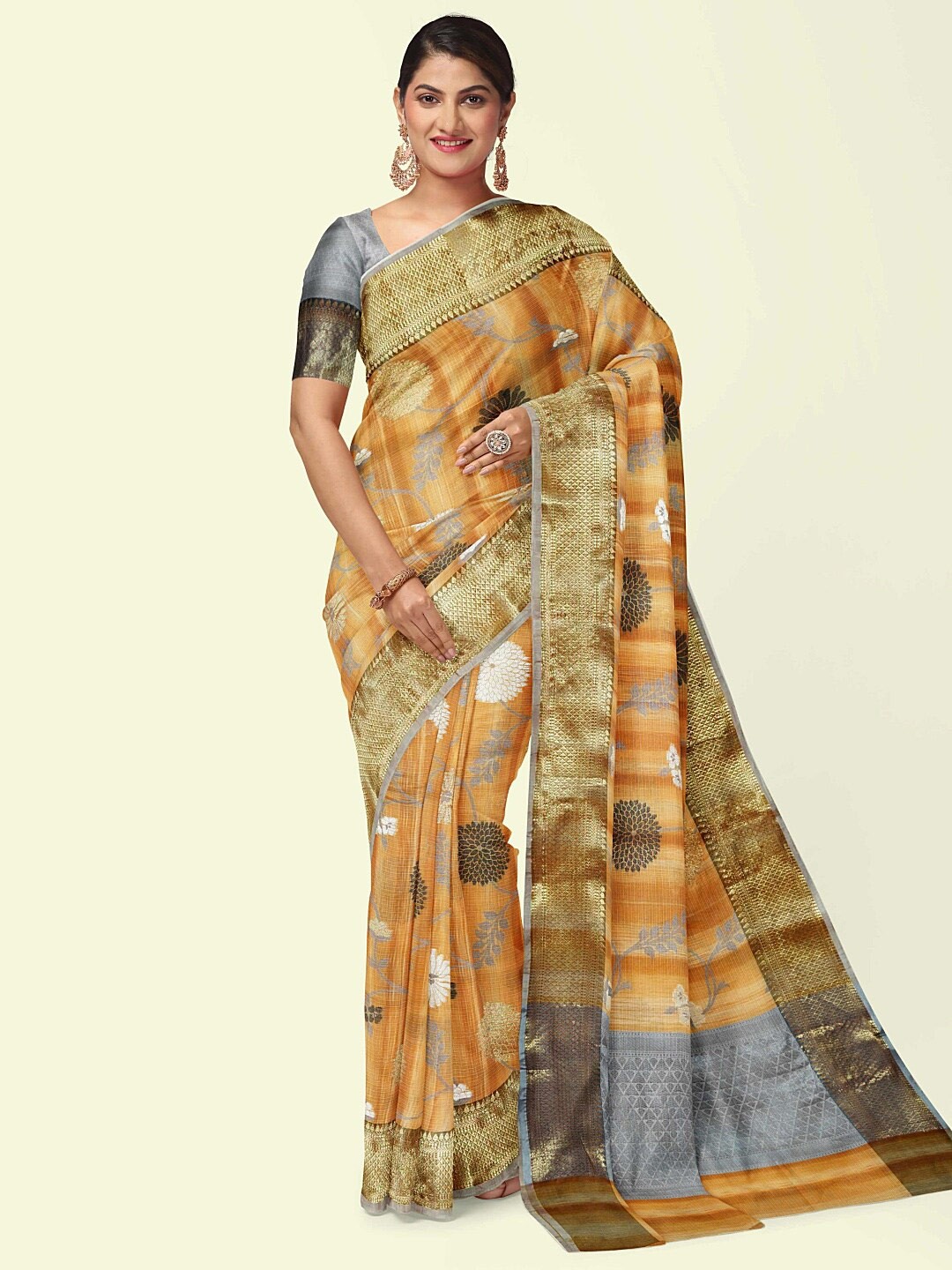 

PTIEPL Banarasi Silk Works Floral Woven Design Zari Banarasi Saree, Brown