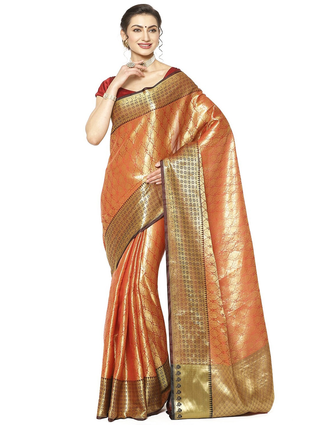 

PTIEPL Banarasi Silk Works Ethnic Motifs Zari Kanjeevaram Saree, Red