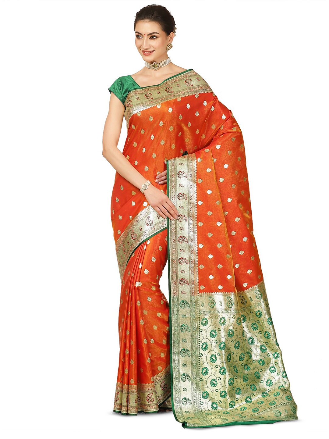 

PTIEPL Banarasi Silk Works Floral Woven Design Zari Banarasi Saree, Orange