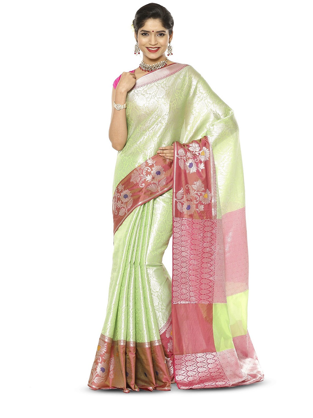 

PTIEPL Banarasi Silk Works Floral Woven Design Zari Kanjeevaram Saree, Green