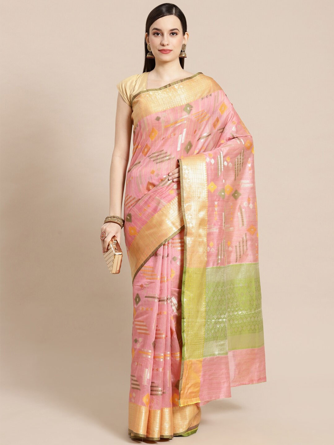 

PTIEPL Banarasi Silk Works Abstract Woven Design Zari Banarasi Saree, Pink