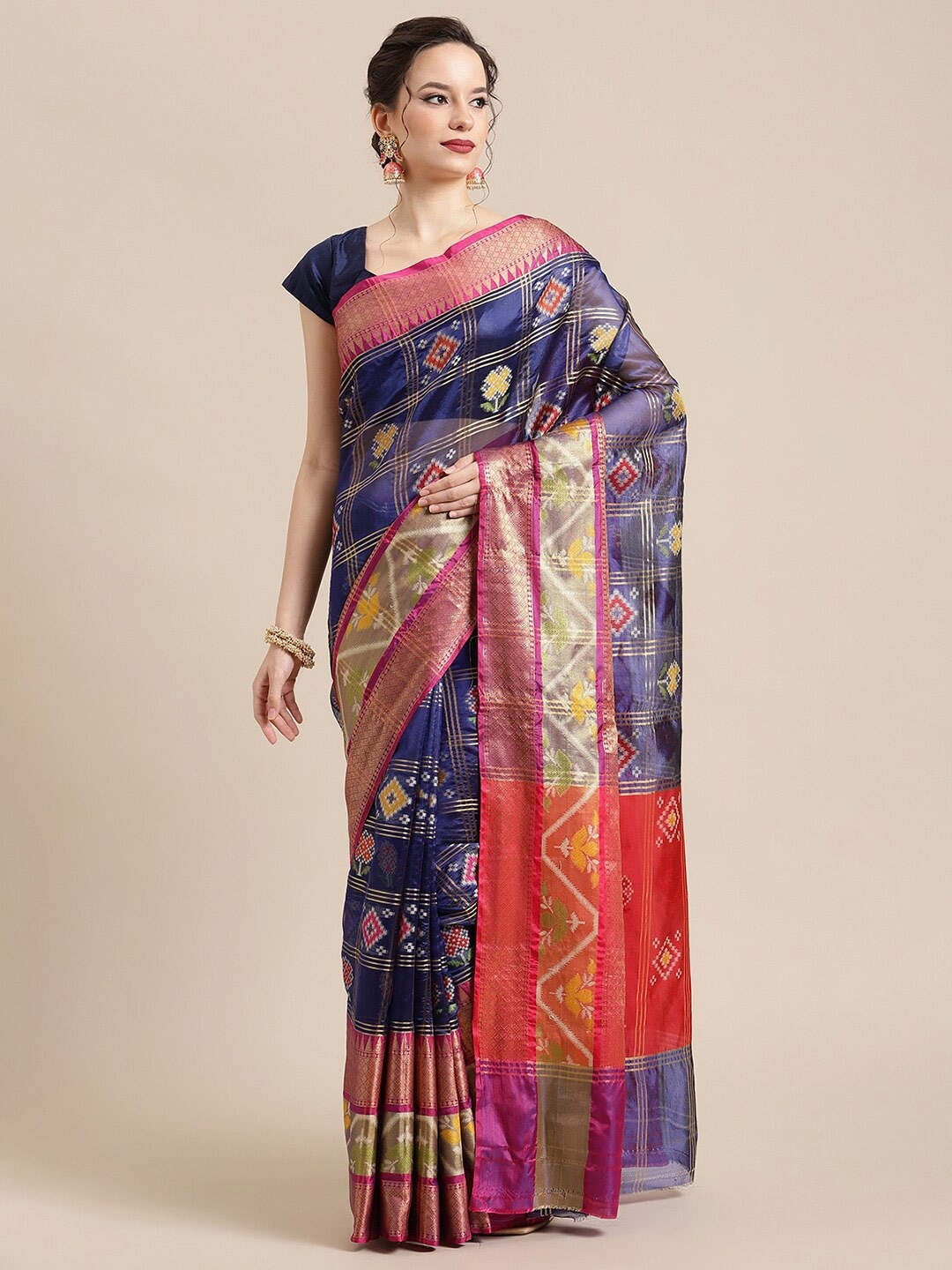 

PTIEPL Banarasi Silk Works Geometric Woven Design Zari Ikat Saree, Blue