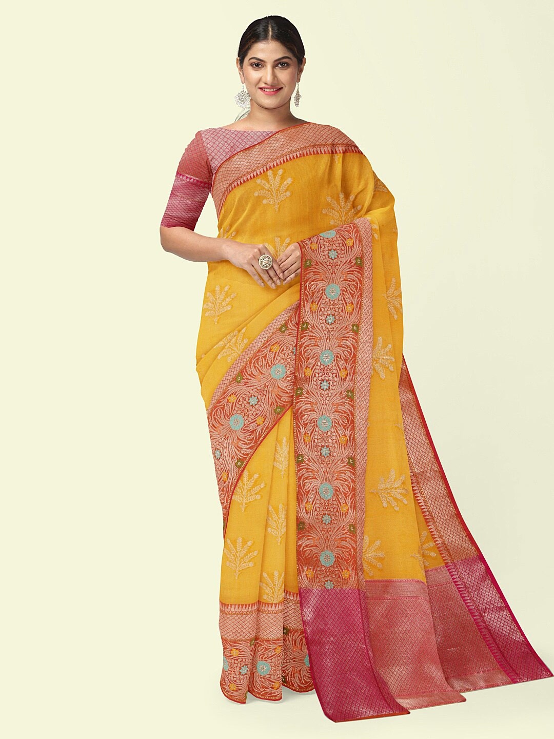 

PTIEPL Banarasi Silk Works Floral Woven Design Zari Banarasi Saree, Yellow