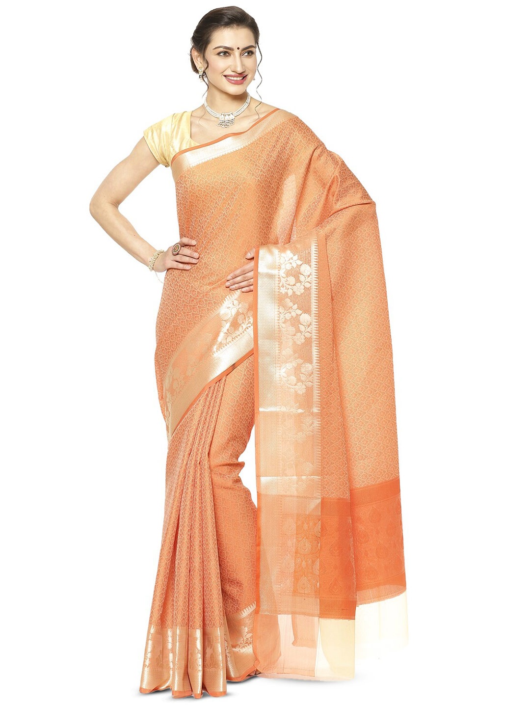 

PTIEPL Banarasi Silk Works Floral Woven Design Zari Banarasi Saree, Orange