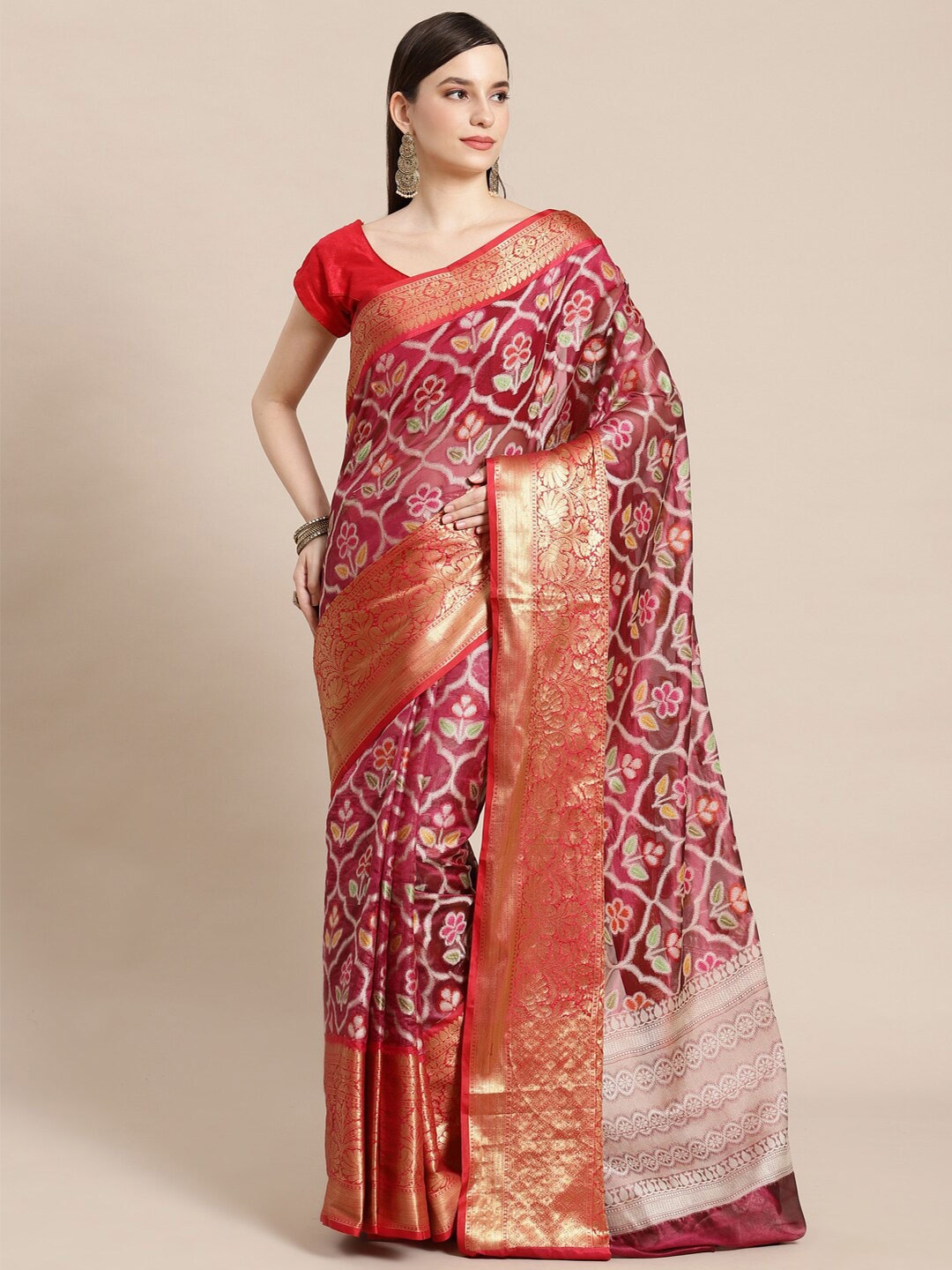 

PTIEPL Banarasi Silk Works Ethnic Motifs Woven Design Zari Ikat Saree, Maroon