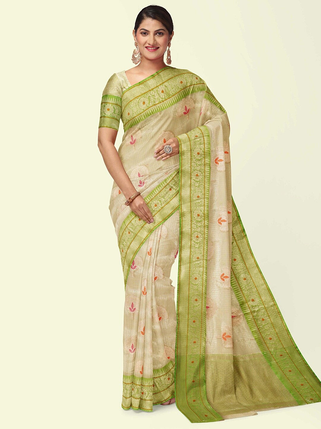 

PTIEPL Banarasi Silk Works Woven Design Floral Zari Banarasi Saree, Beige