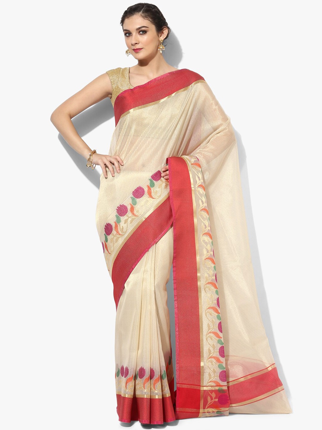 

PTIEPL Banarasi Silk Works Floral Woven Design Zari Banarasi Saree, Beige