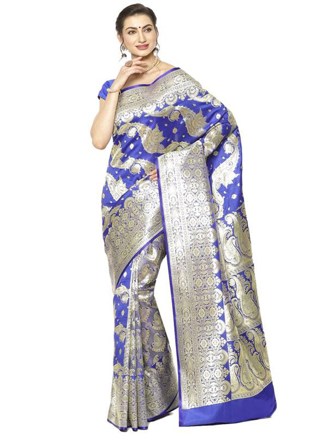 

PTIEPL Banarasi Silk Works Ethnic Motifs Woven Design Zari Satin Banarasi Saree, Blue