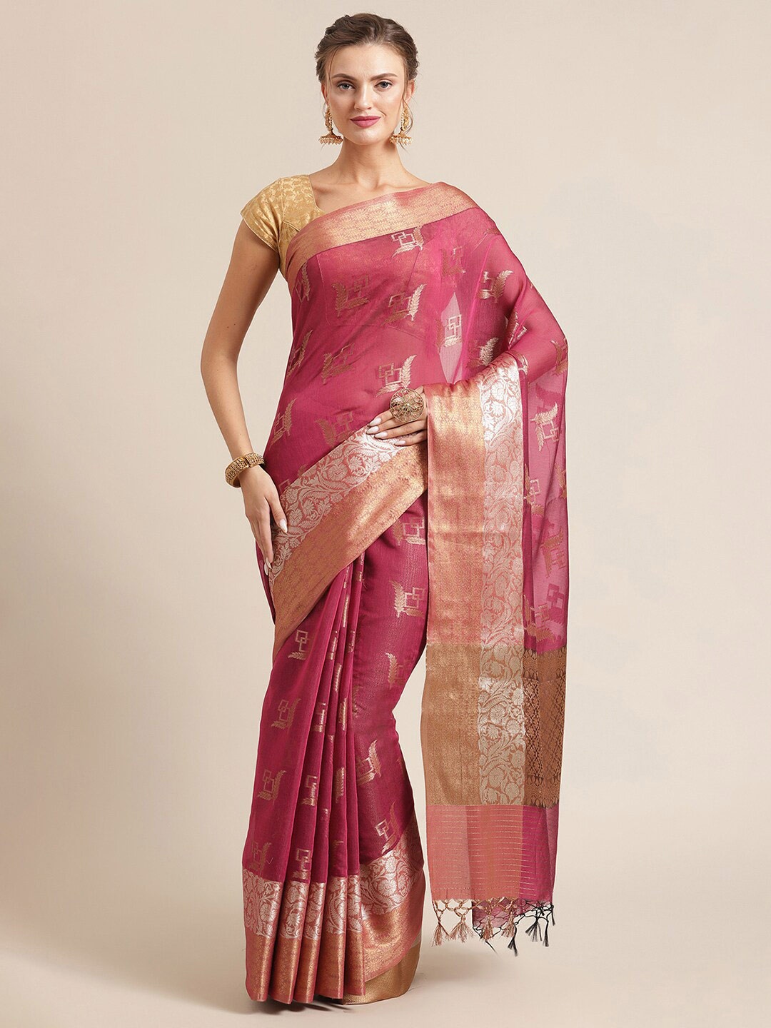 

PTIEPL Banarasi Silk Works Floral Woven Design Zari Banarasi Saree, Magenta