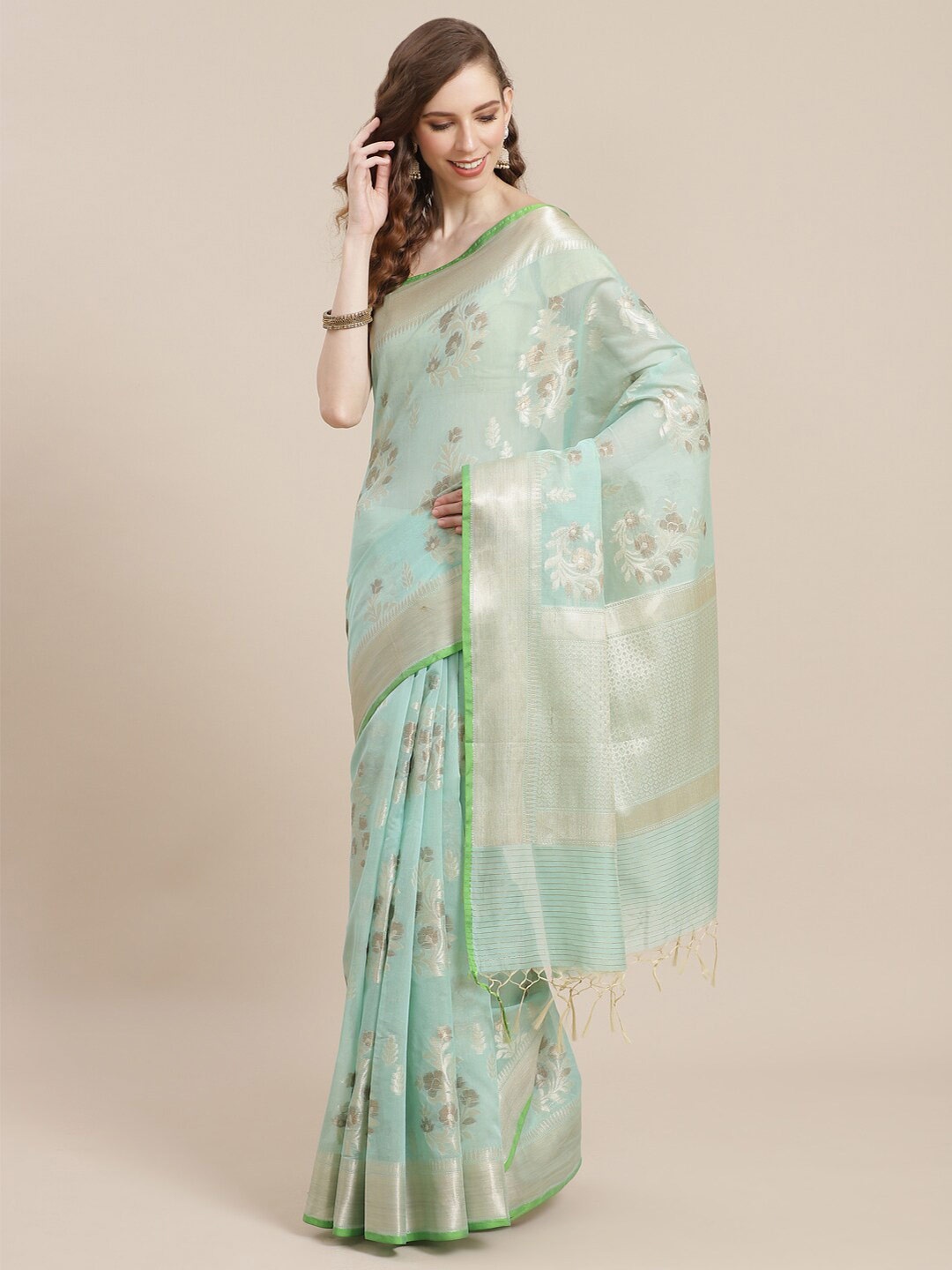 

PTIEPL Banarasi Silk Works Floral Zari Banarasi Saree, Sea green
