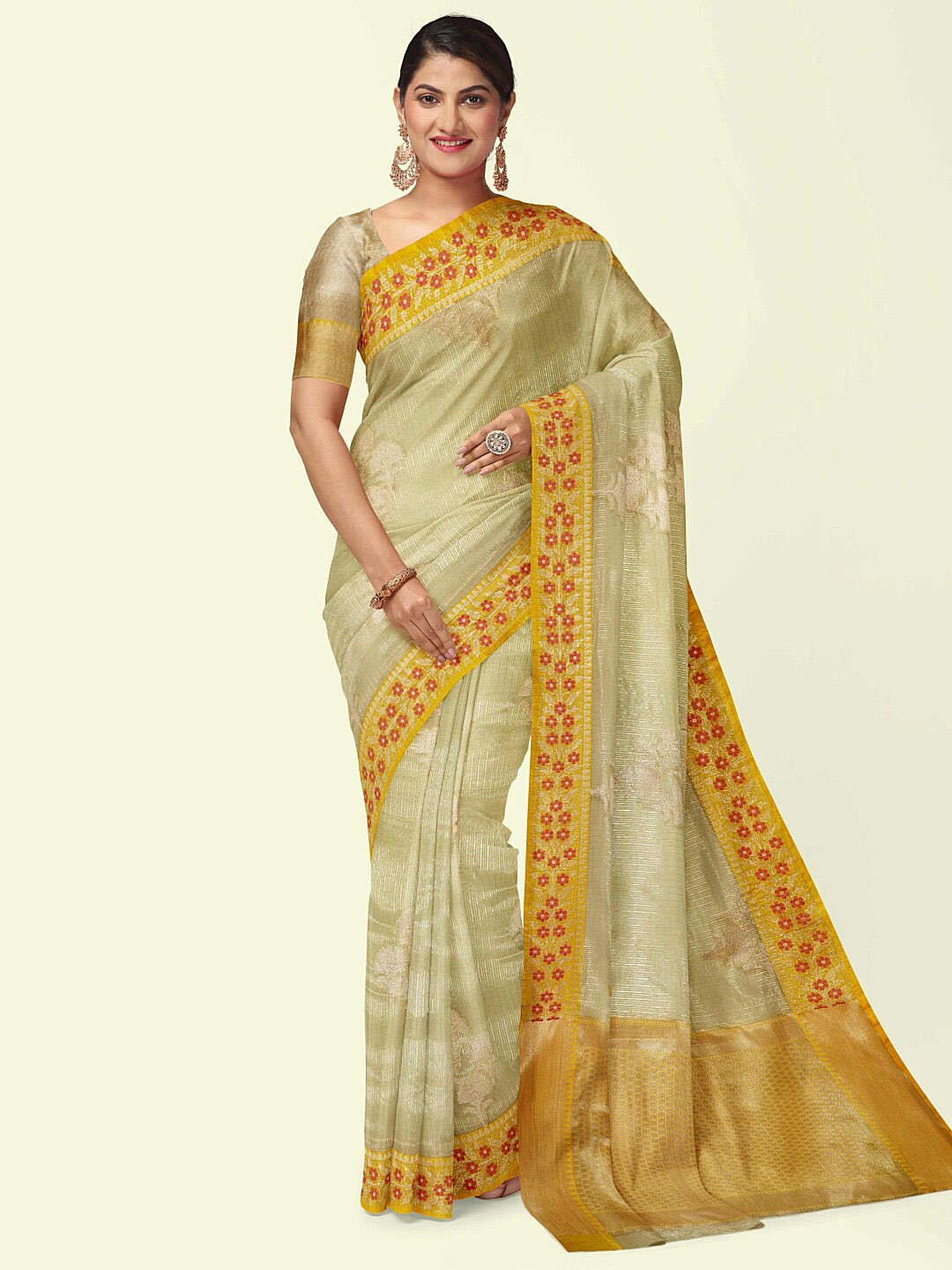 

PTIEPL Banarasi Silk Works Floral Woven Design Zari Banarasi Saree, Sea green