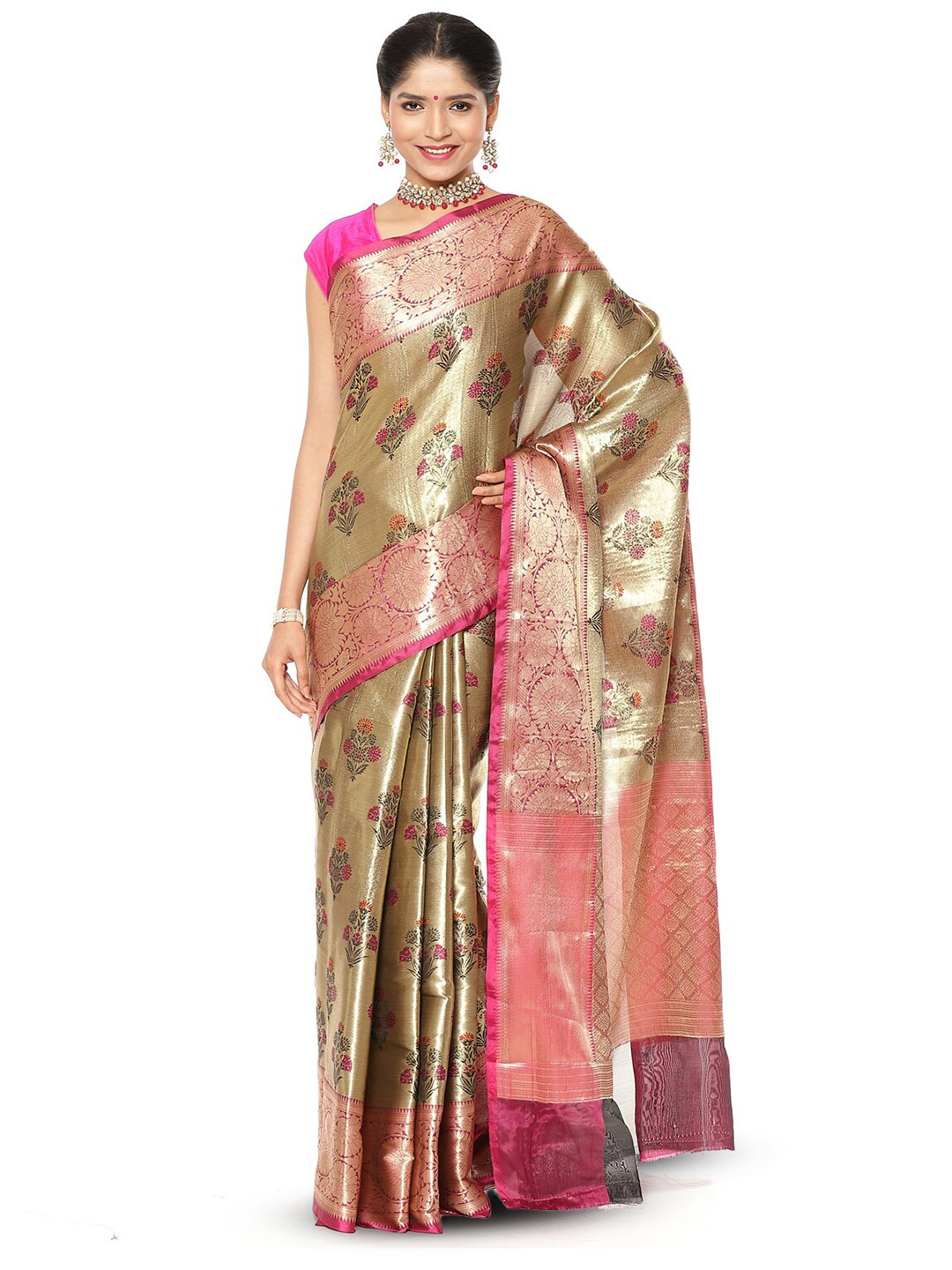 

PTIEPL Banarasi Silk Works Ethnic Motifs Zari Kanjeevaram Saree, Pink