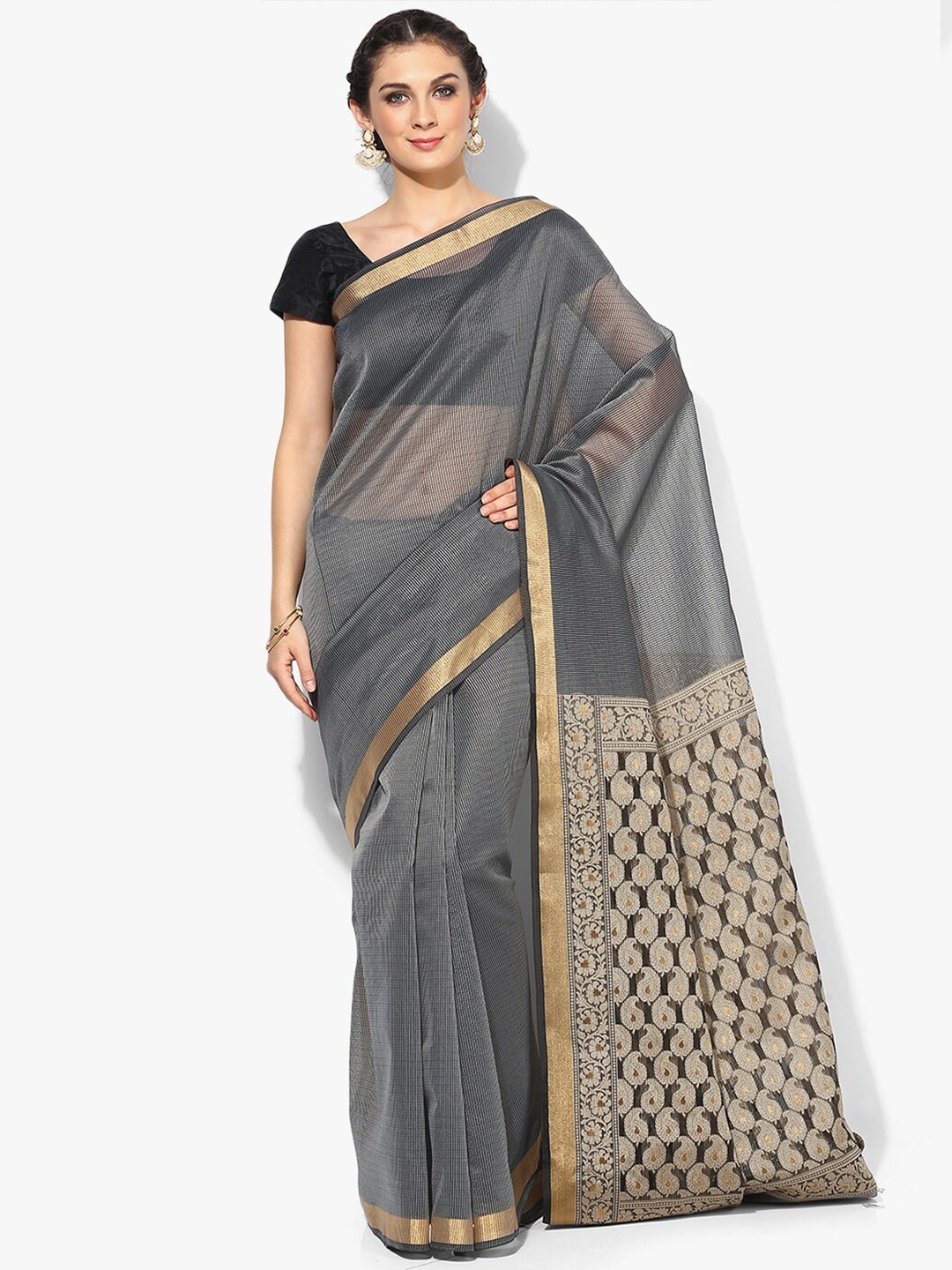 

PTIEPL Banarasi Silk Works Striped Zari Art Silk Banarasi Saree, Grey