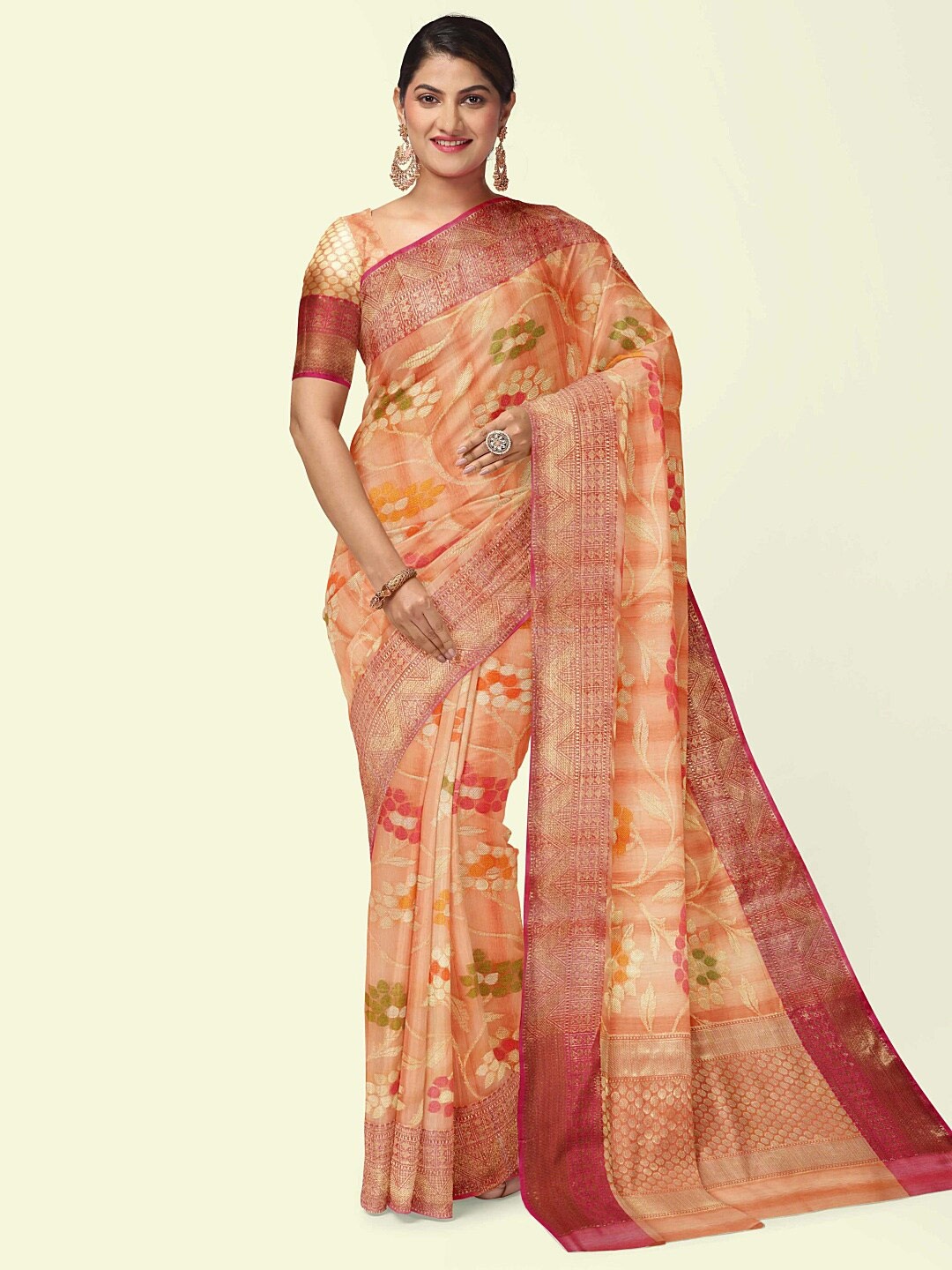 

PTIEPL Banarasi Silk Works Woven Design Zari Banarasi Saree, Peach