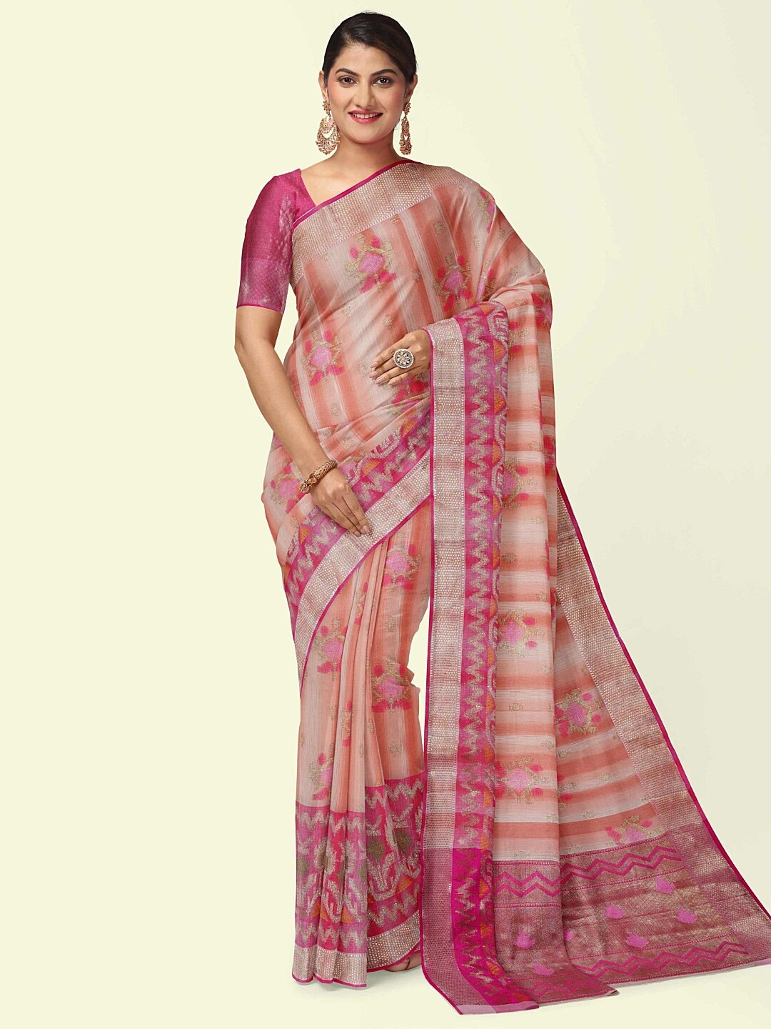 

PTIEPL Banarasi Silk Works Ethnic Motifs Banarasi Saree, Peach