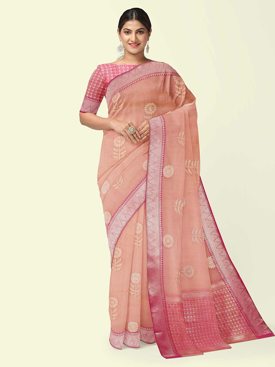 

PTIEPL Banarasi Silk Works Floral Zari Banarasi Saree, Pink