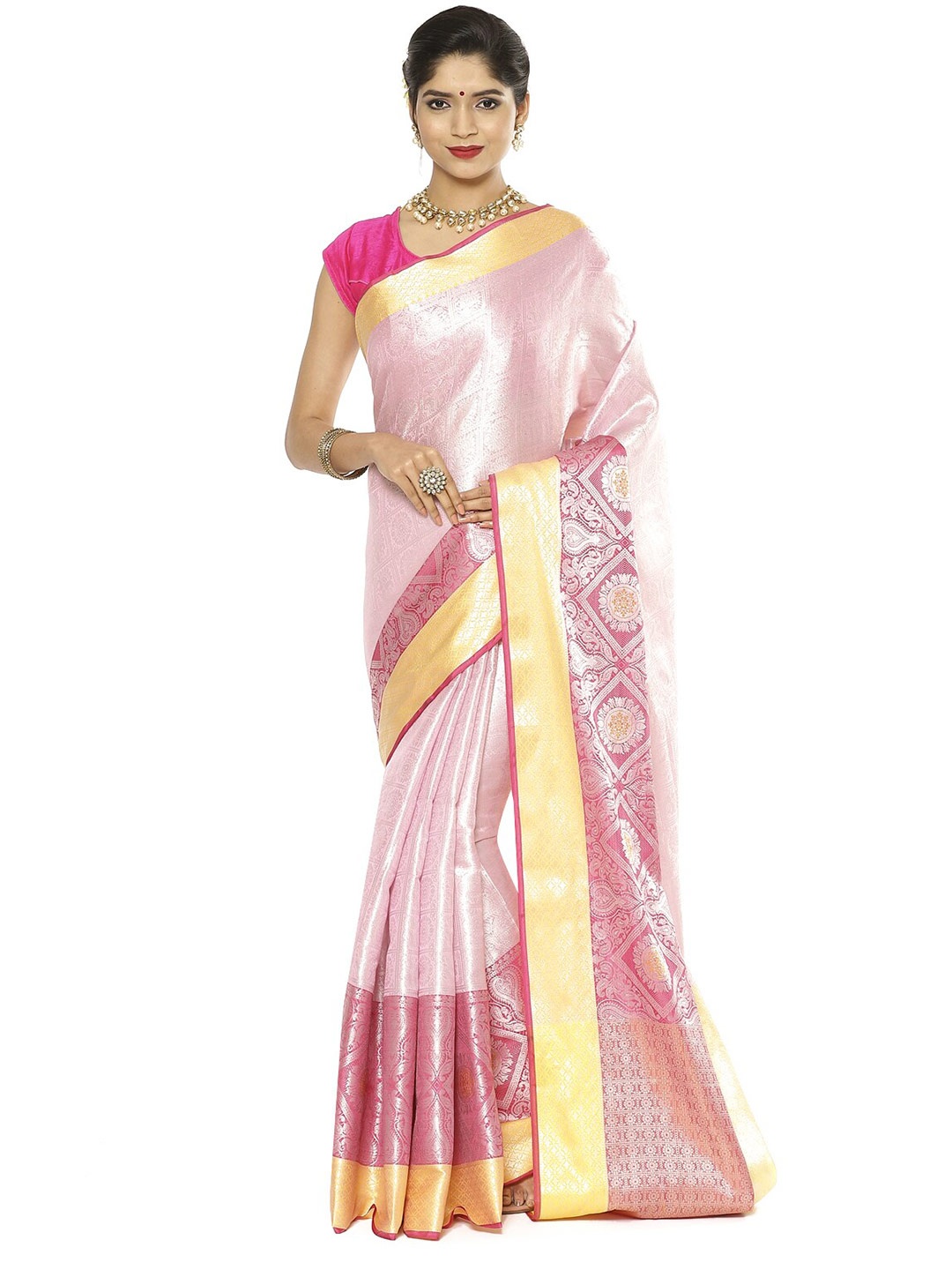 

PTIEPL Banarasi Silk Works Ethnic Motifs Woven Design Zari Kanjeevaram Saree, Pink