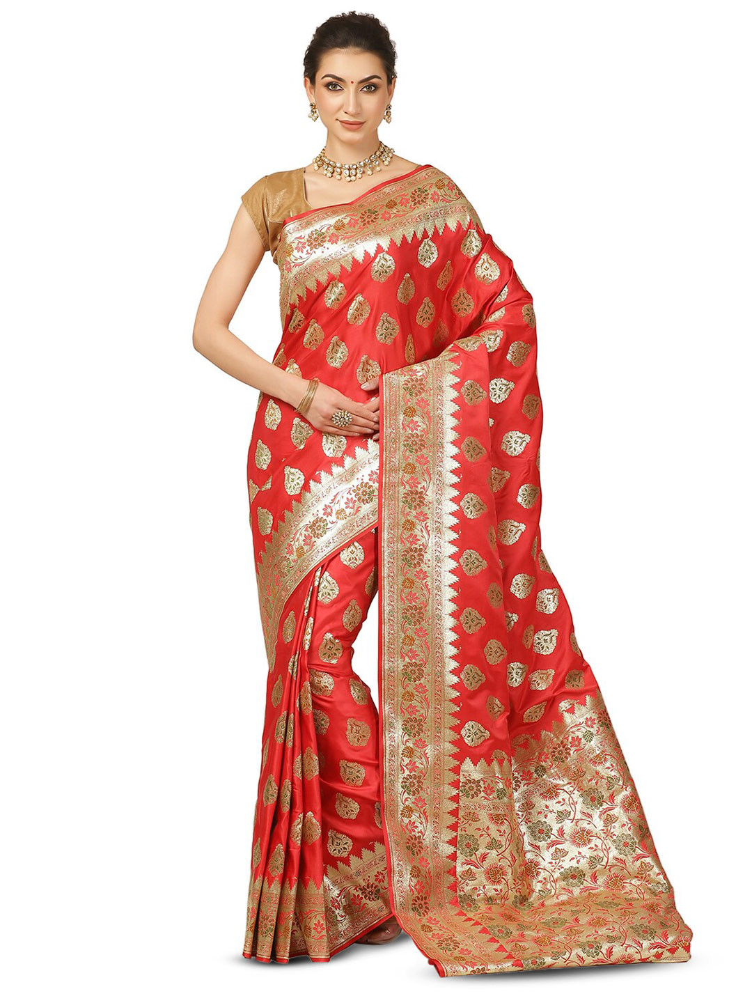 

PTIEPL Banarasi Silk Works Ethnic Motifs Woven Design Zari Banarasi Saree, Orange