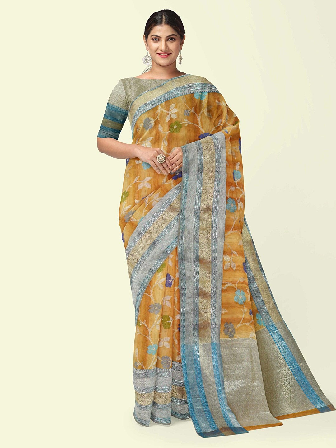 PTIEPL Banarasi Silk Works Floral Zari Banarasi Saree, Brown