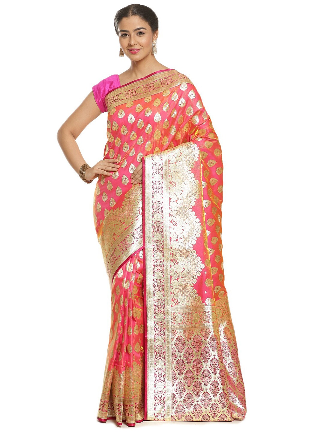 

PTIEPL Banarasi Silk Works Floral Zari Banarasi Saree, Pink