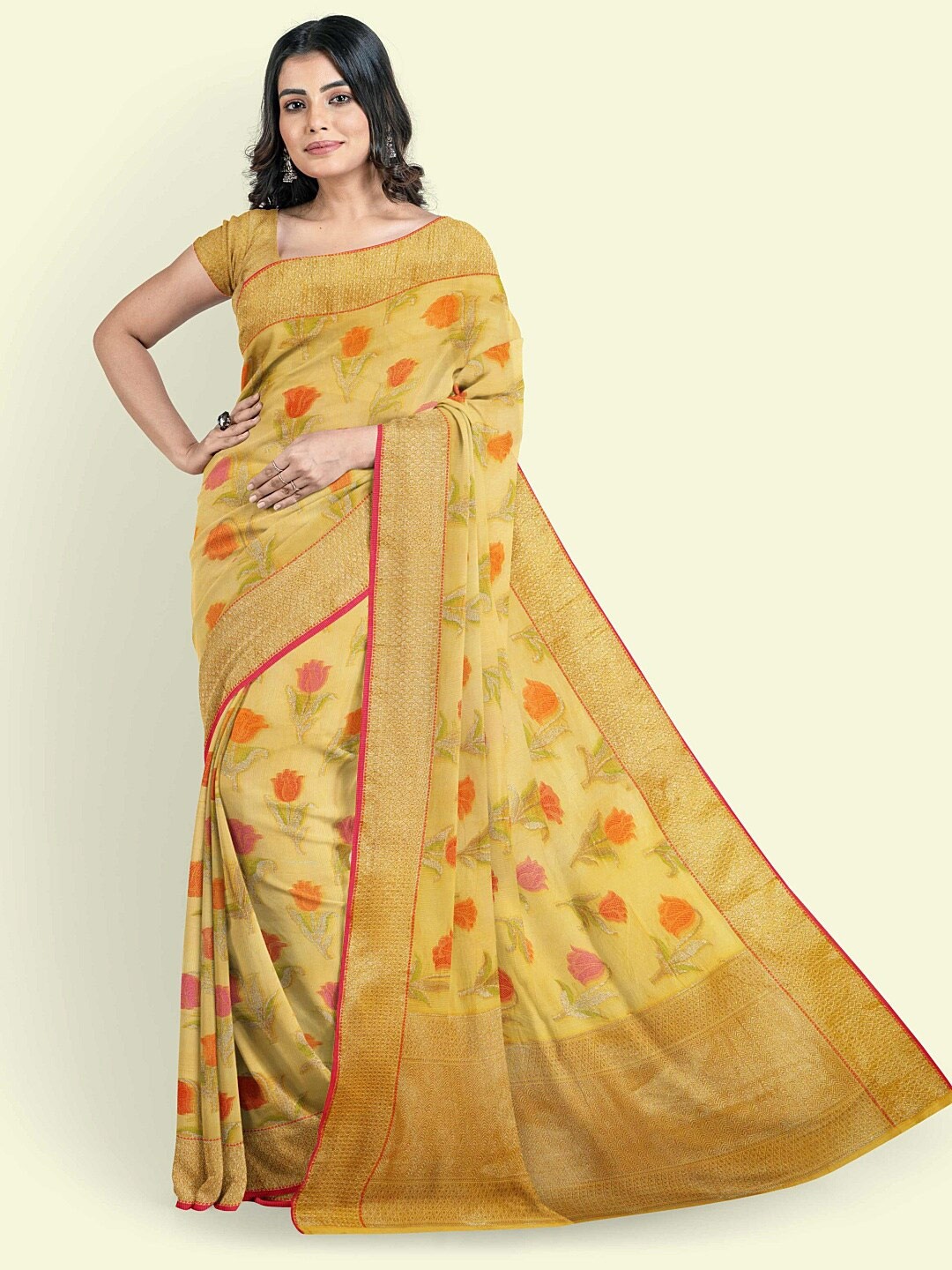 

PTIEPL Banarasi Silk Works Floral Zari Banarasi Saree, Yellow