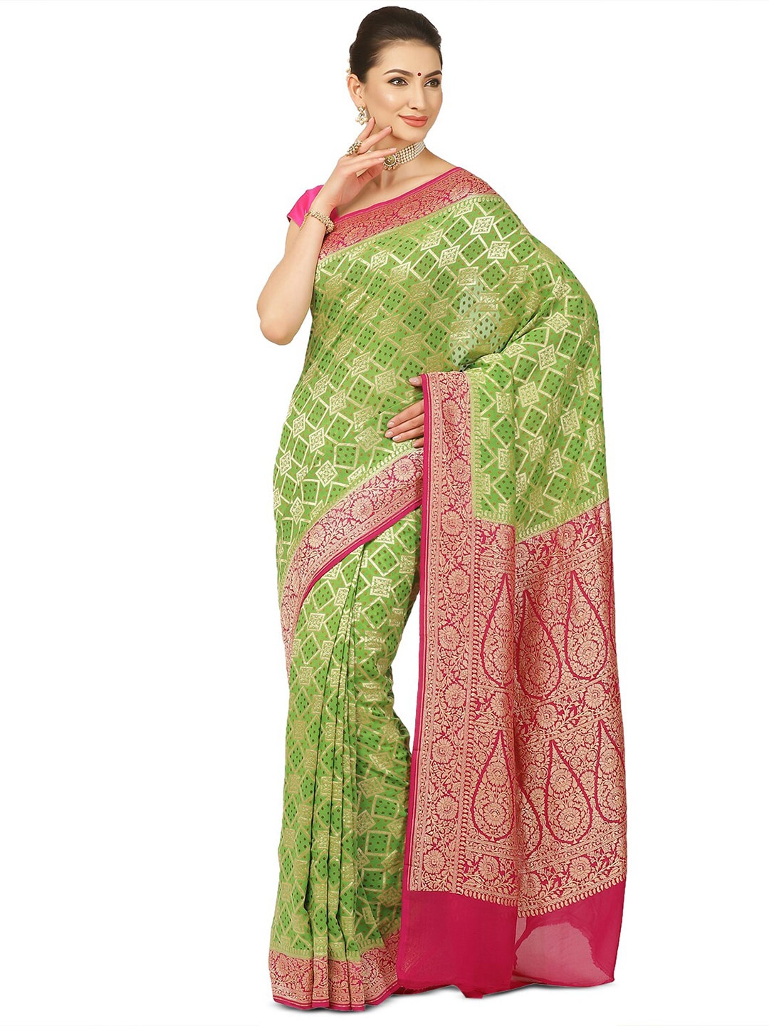 

PTIEPL Banarasi Silk Works Ethnic Motifs Woven Design Zari Pure Georgette Banarasi Saree, Green