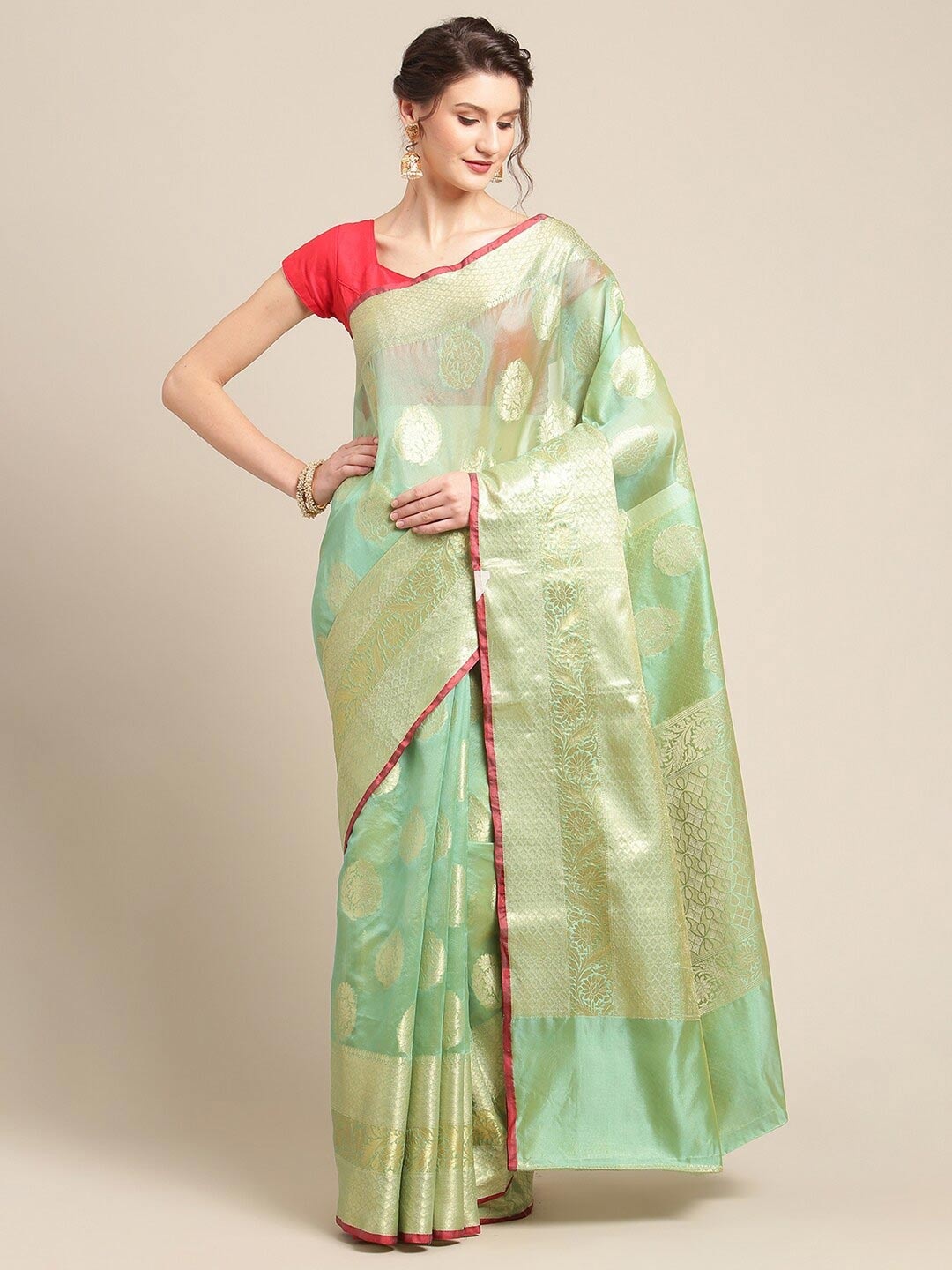 

PTIEPL Banarasi Silk Works Ethnic Motifs Woven Design Zari Banarasi Saree, Green