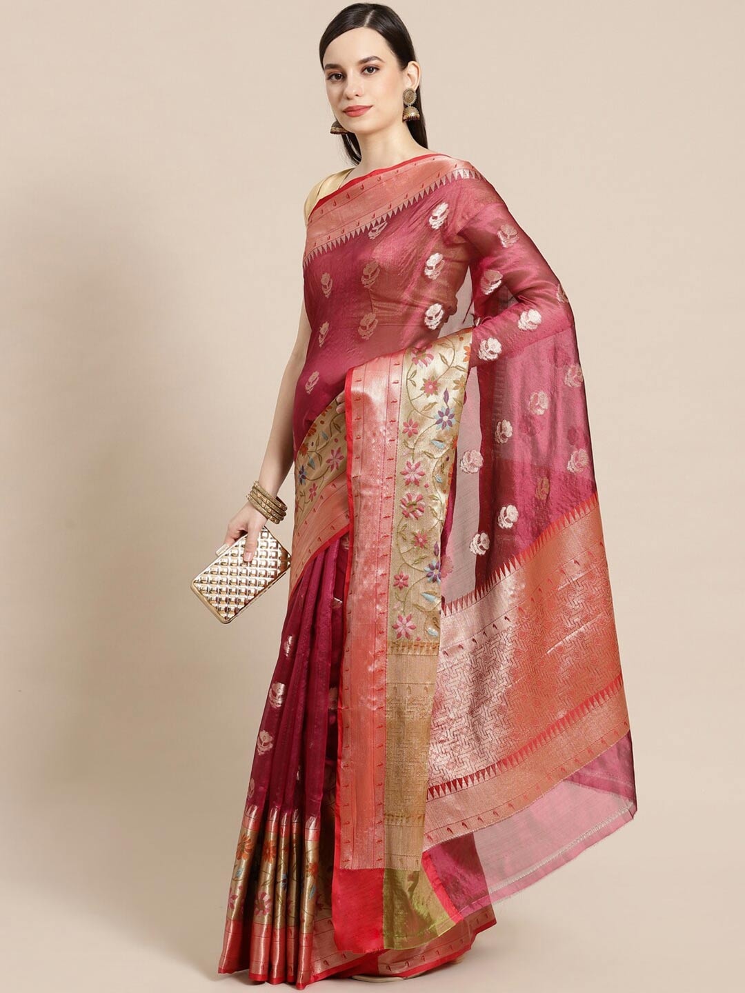 

PTIEPL Banarasi Silk Works Ethnic Motifs Woven Design Zari Art Silk Ikat Saree, Magenta