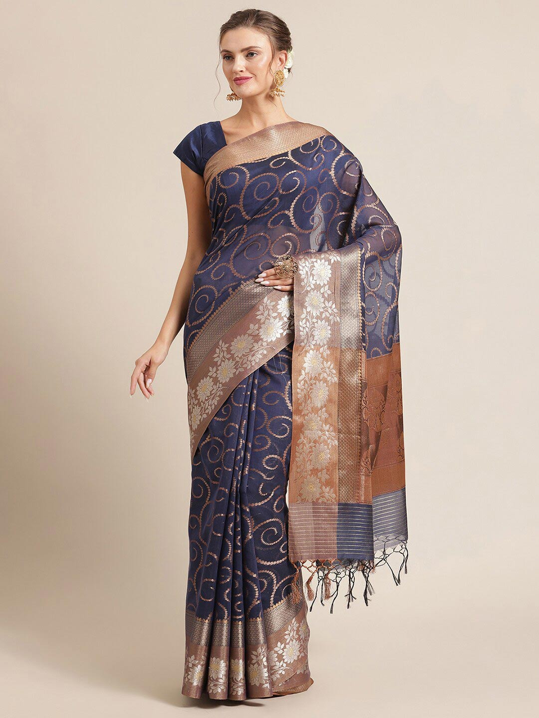 

PTIEPL Banarasi Silk Works Floral Zari Banarasi Saree, Blue