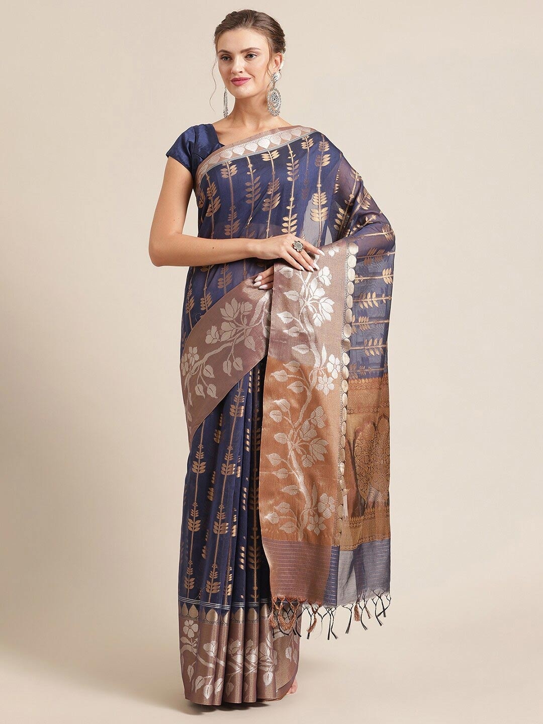 

PTIEPL Banarasi Silk Works Floral Zari Banarasi Saree, Blue
