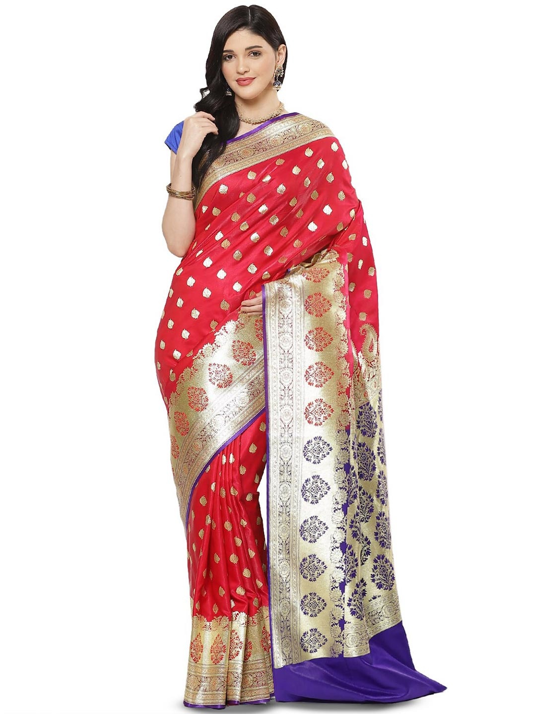 

PTIEPL Banarasi Silk Works Ethnic Motifs Woven Design Zari Satin Banarasi Saree, Red