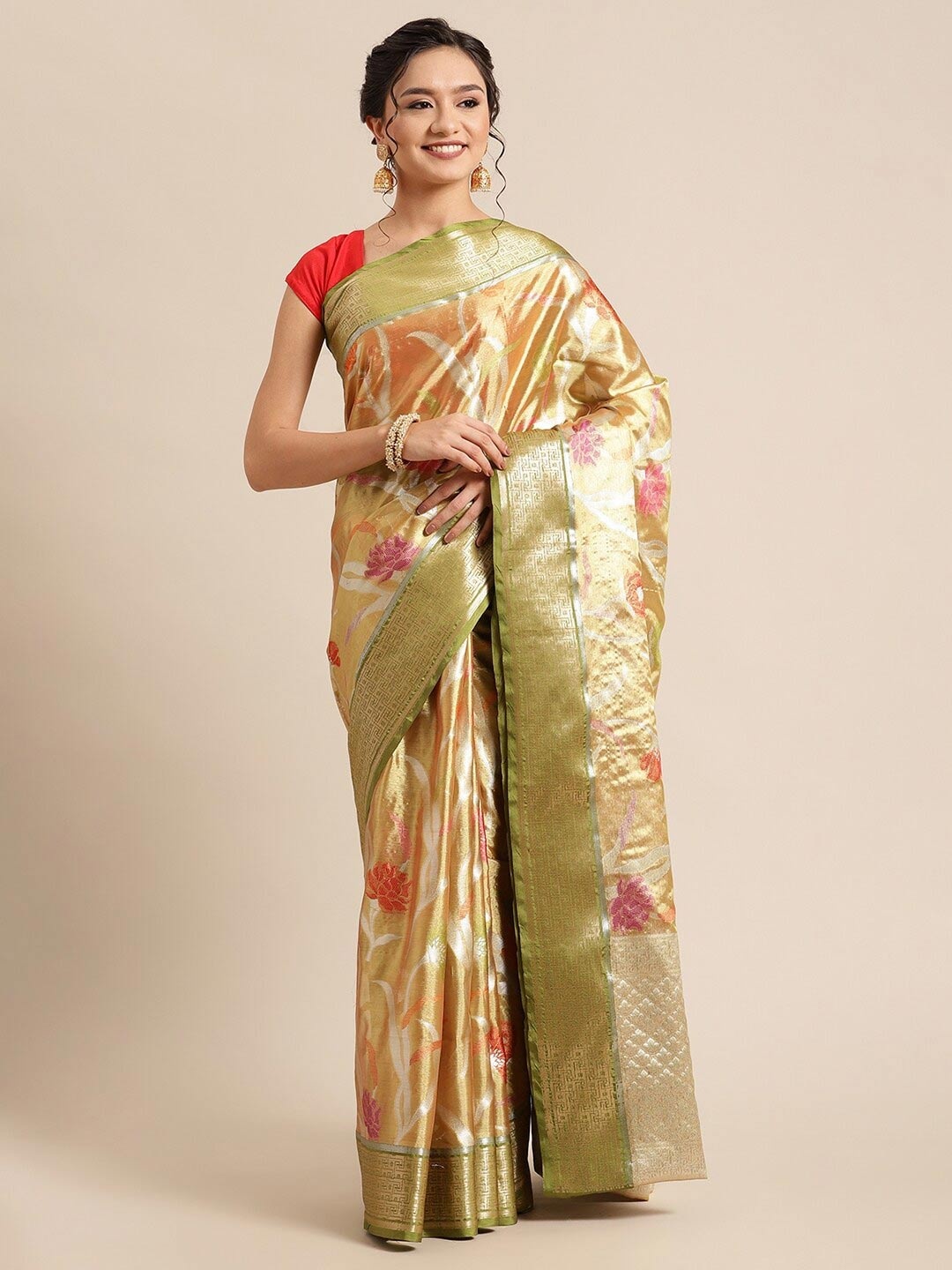

PTIEPL Banarasi Silk Works Ethnic Motifs Woven Design Zari Tissue Ikat Saree, Gold