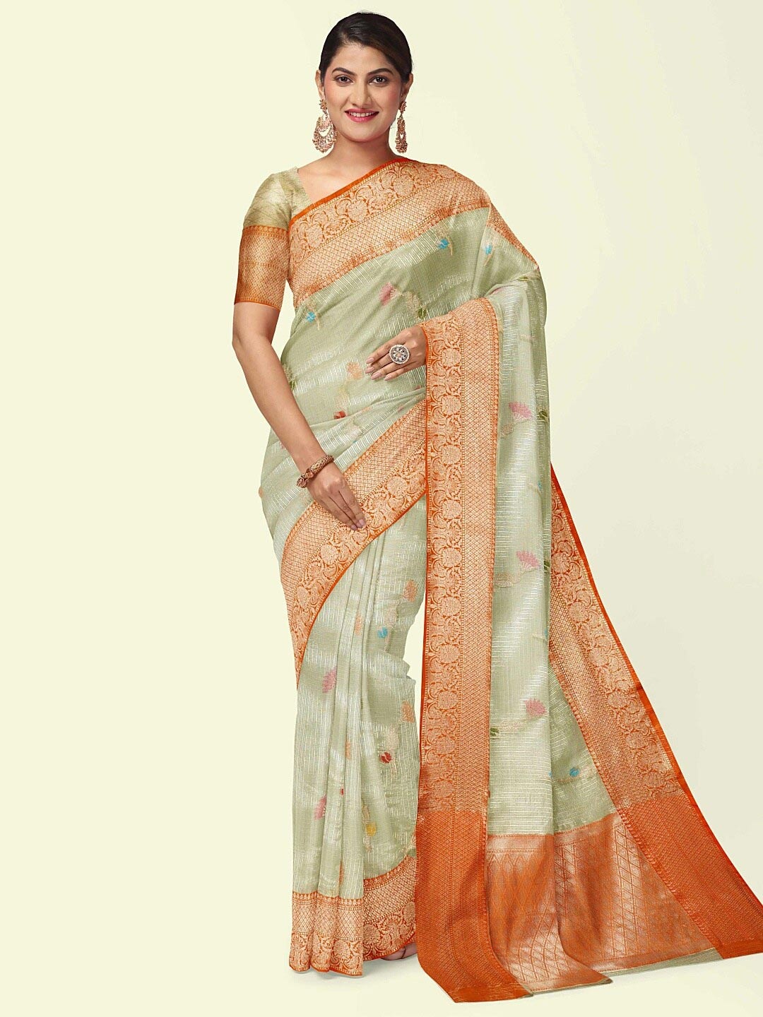 

PTIEPL Banarasi Silk Works Floral Zari Banarasi Saree, Sea green