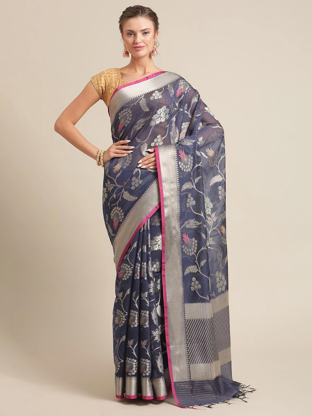 

PTIEPL Banarasi Silk Works Ethnic Motifs Woven Design Zari Banarasi Saree, Navy blue
